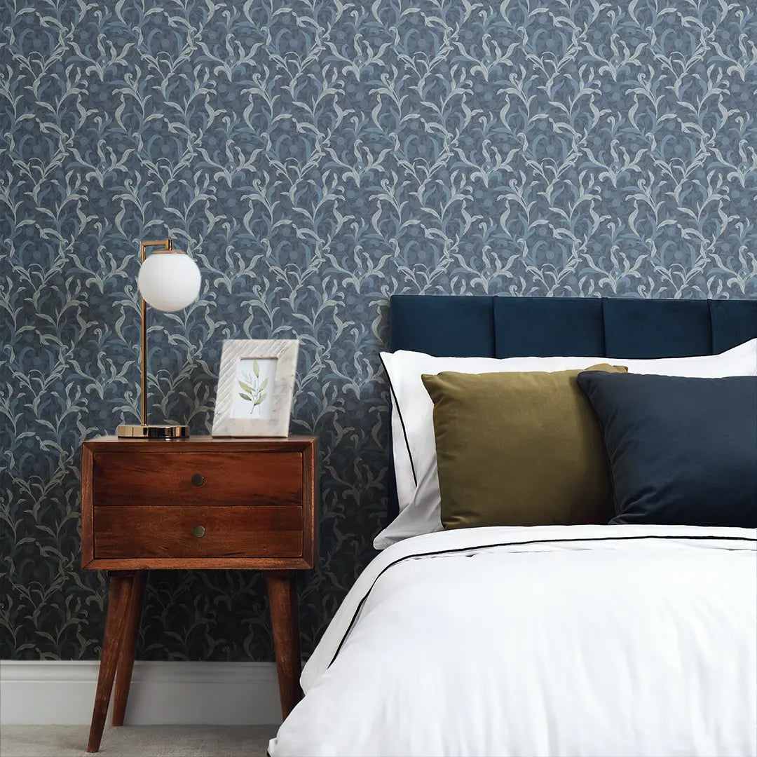 Antique Leaf Wallpaper in Navy