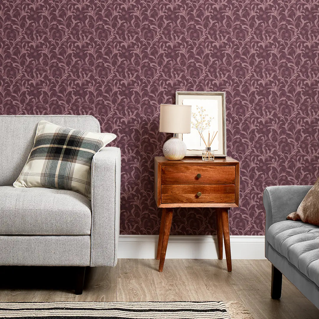 Antique Leaf Wallpaper in Plum