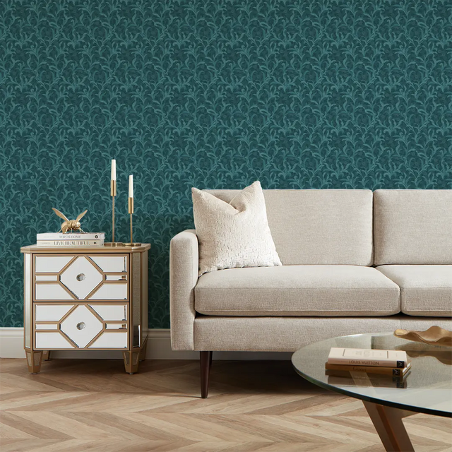 Antique Leaf Wallpaper in Teal