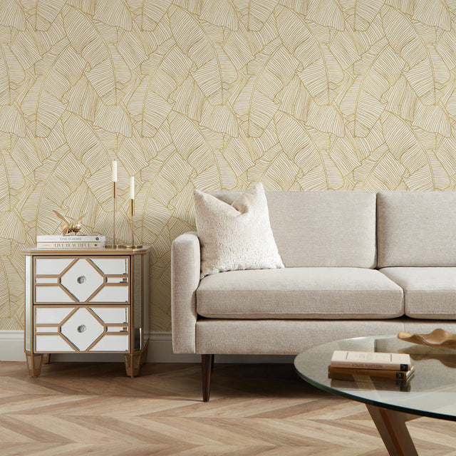 Banana Leaf Wallpaper in Cream and Gold