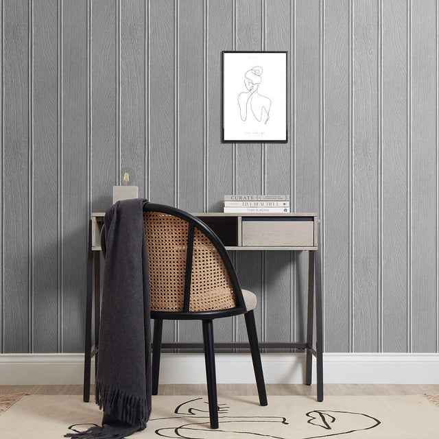 Beadboard Panel Wallpaper in Silver Grey