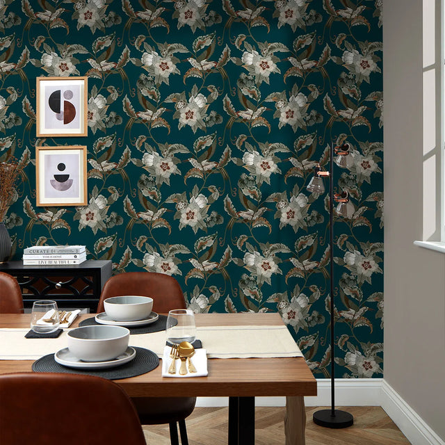 Beautiful Birds Wallpaper in Bottle Green