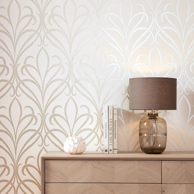 Camden Damask Wallpaper in Neutral and Gold