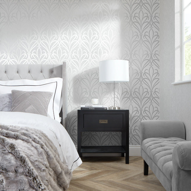 Camden Damask Wallpaper in Soft Grey and Silver