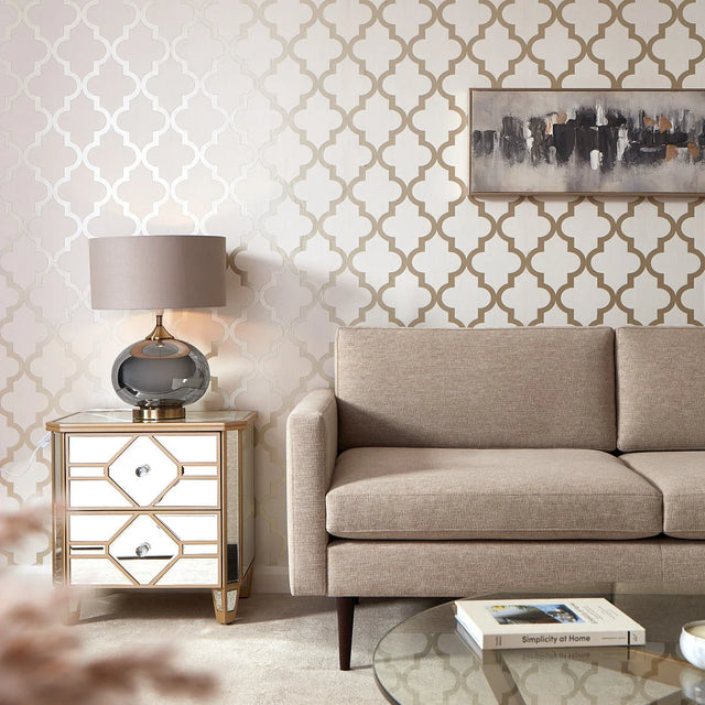 Camden Trellis Wallpaper in Neutral and Gold