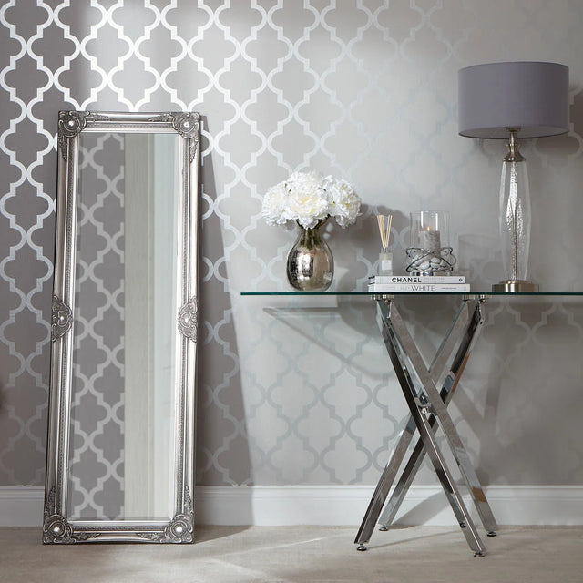 Camden Trellis Wallpaper in Soft Grey and Silver