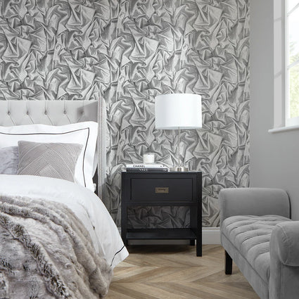 Chloe Crushed Silk Wallpaper in Grey and Silver