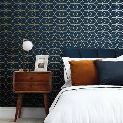 Cubic Shimmer Metallic Wallpaper in Navy Blue and Gold