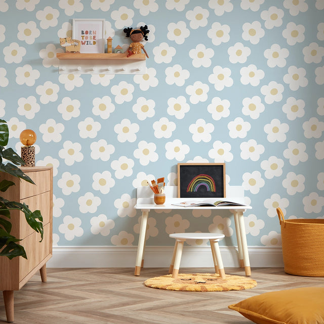 Ditsy Daisy Wallpaper in Soft Blue