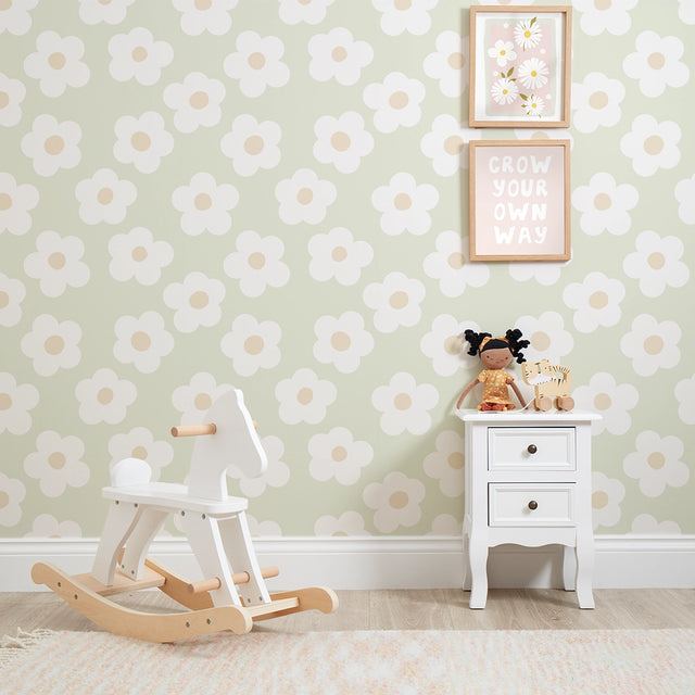 Ditsy Daisy Wallpaper in Soft Green