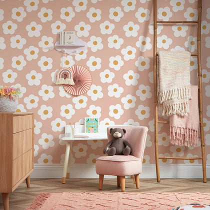 Ditsy Daisy Wallpaper in Pink and White