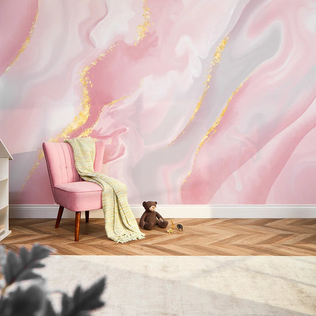 Dreamy Marble Full Wall Mural in Pastel Pink with Gold