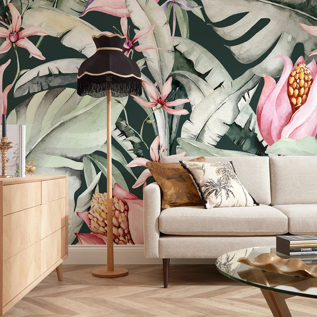 Exotic Flowers Full Wall Mural in Charcoal, Green and Pink