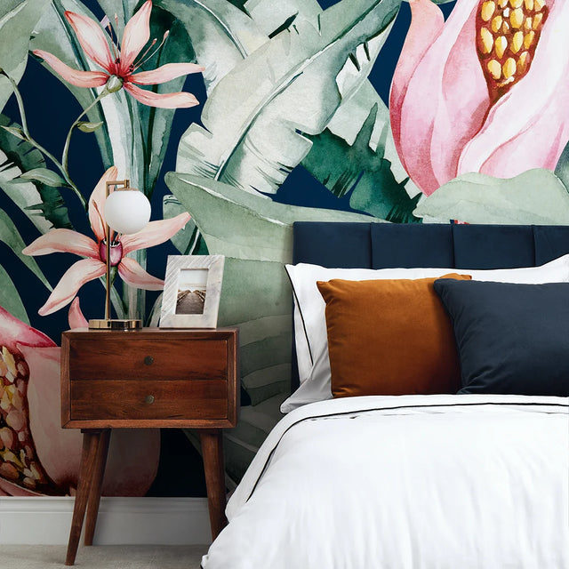 Exotic Flowers Full Wall Mural in Navy, Green and Pink