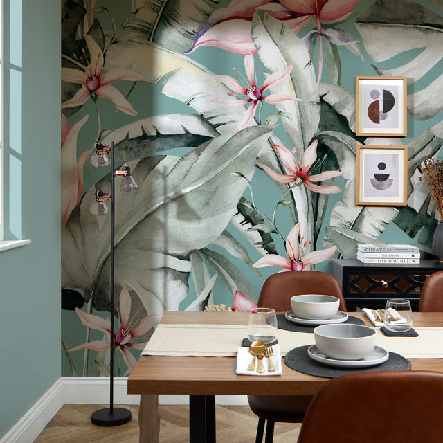 Exotic Flowers Full Wall Mural in Teal, Green and Pink