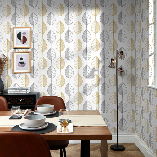Fika Leaf Wallpaper in White and Grey and Mustard