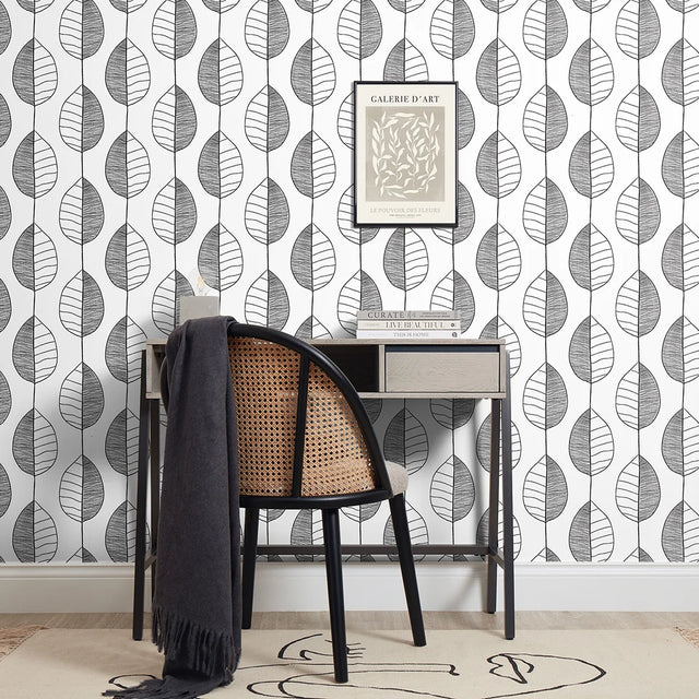 Fika Leaf Wallpaper in Black and White