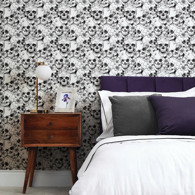 Floral Skulls Wallpaper in Monochrome