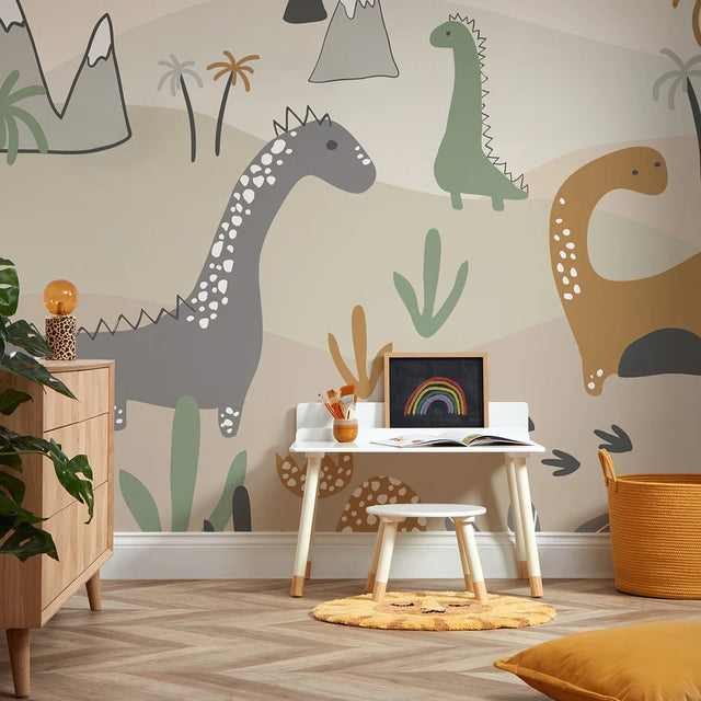 Friendly Dinos Full Wall Mural in Earthy Tones