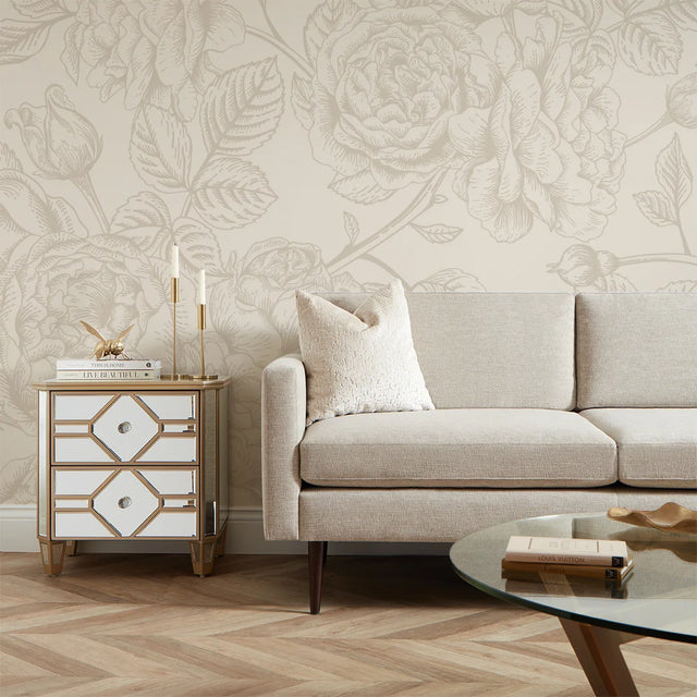 Gentle Roses Full Wall Mural in Mushroom and Cream