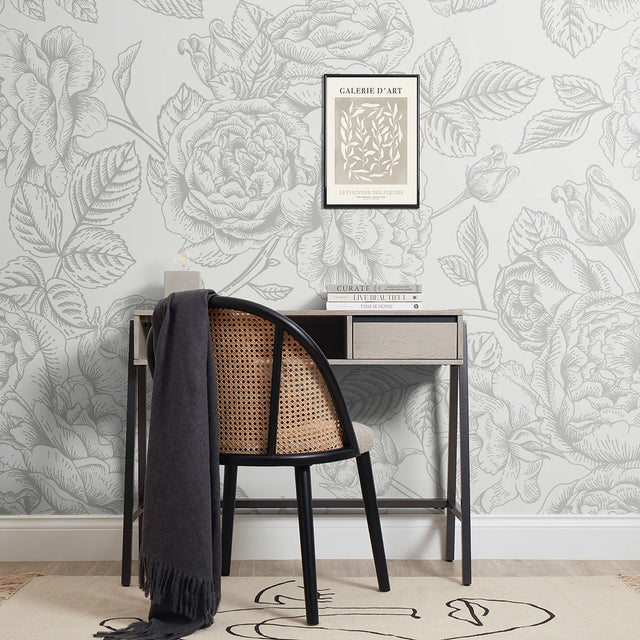 Gentle Roses Full Wall Mural in Grey
