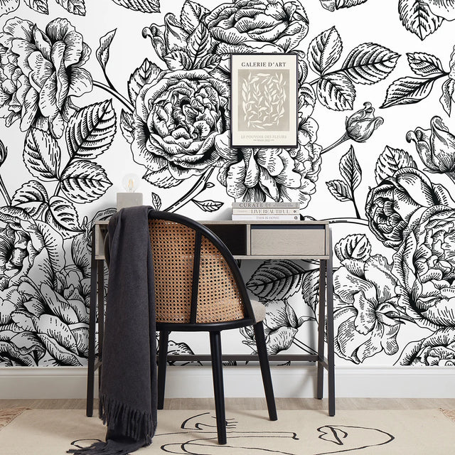 Gentle Roses Full Wall Mural in Monochrome