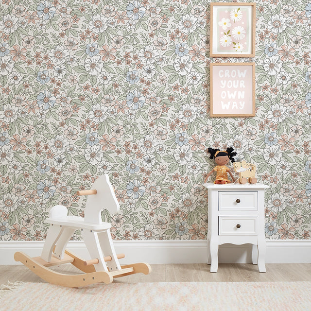 Gorgeous Gardenia Wallpaper in Sage, Soft Blues and Peach