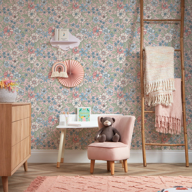Gorgeous Gardenia Wallpaper in Soft Blue and Sage on Soft Pink
