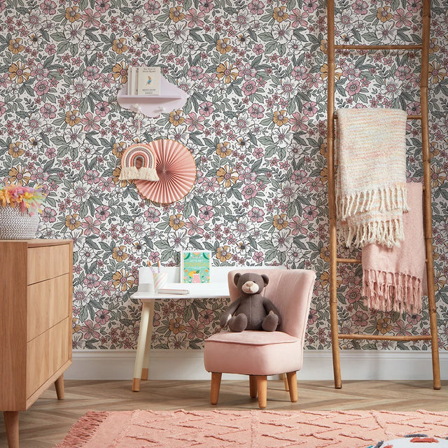 Gorgeous Gardenia Wallpaper in Sage Green and Pink on White