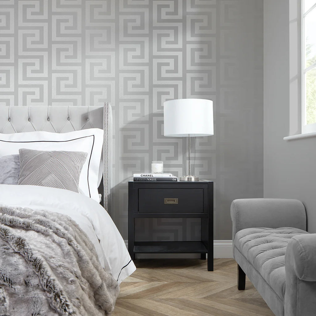 London Greek Key Wallpaper in Silver