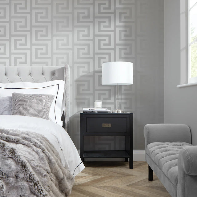London Greek Key Wallpaper in Silver