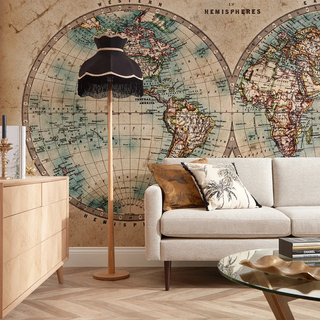 Hemisphere Map Full Wall Mural in Earthy Tones