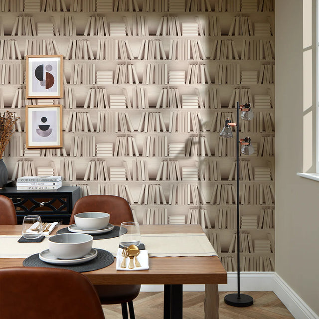Modern Library Wallpaper in Cream