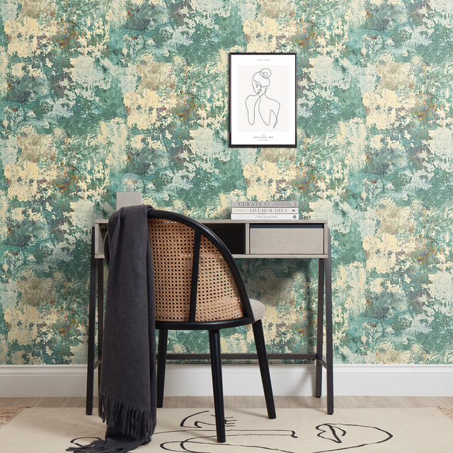 Patina Concrete Effect Wallpaper in Teal and Ochre