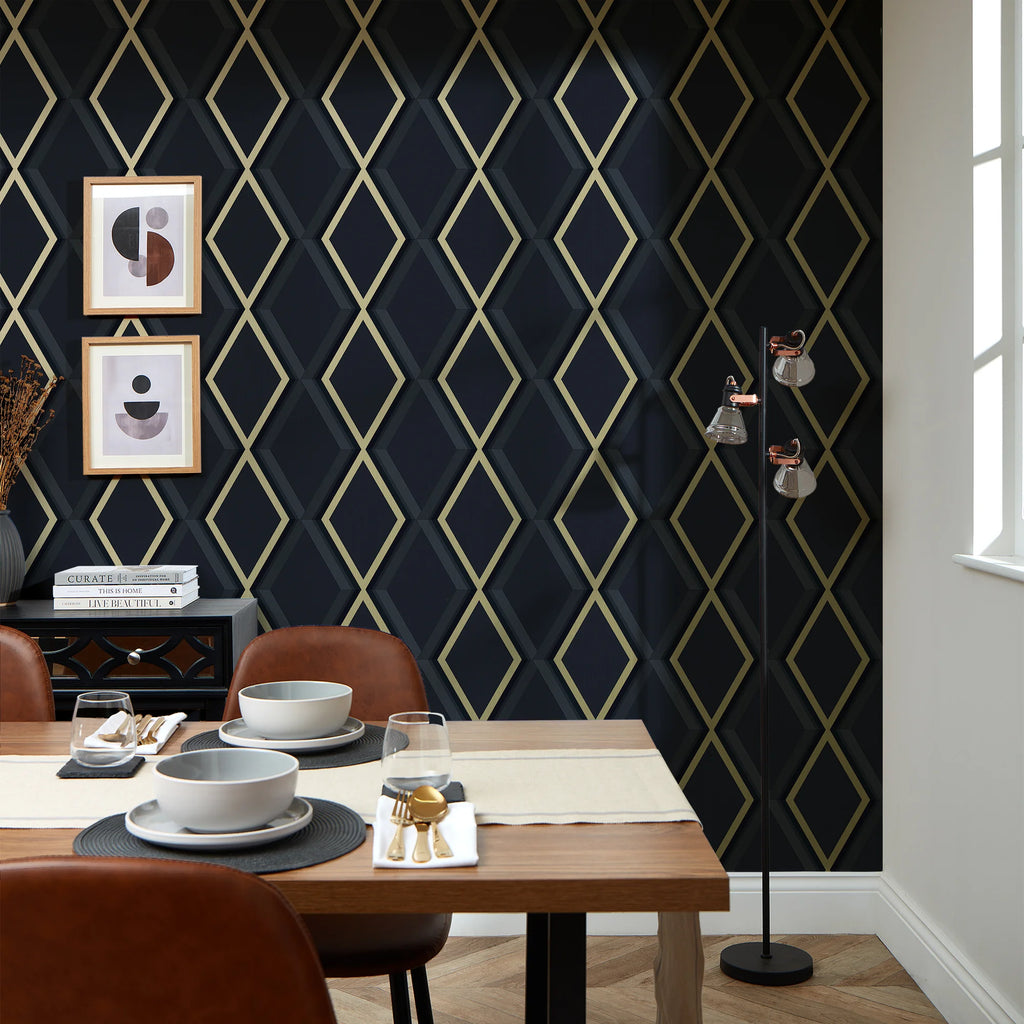 Profile Geometric Wallpaper in Navy and Gold