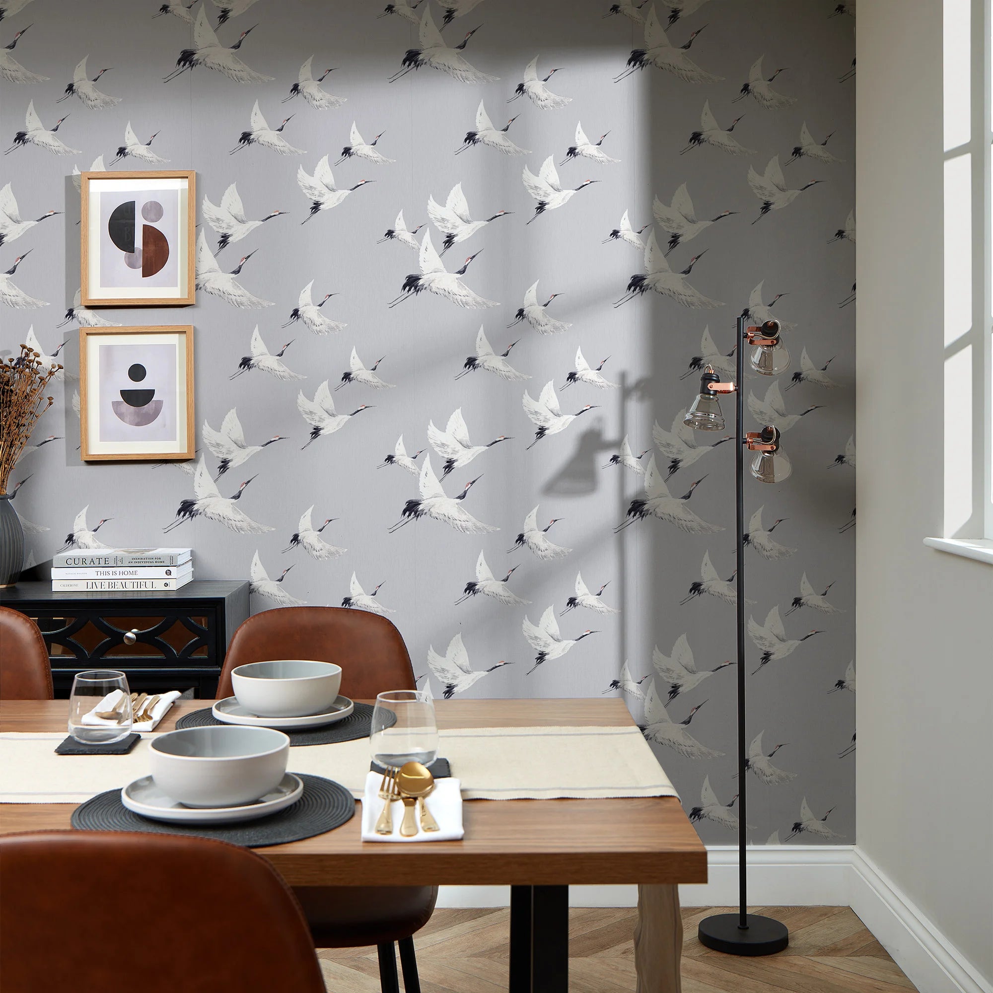 Soaring Cranes Wallpaper in Grey