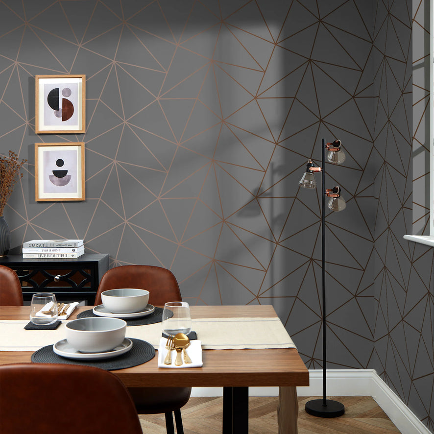 Zara Shimmer Metallic Wallpaper in Charcoal and Copper