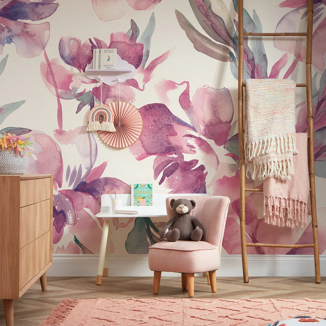 In Bloom Full Wall Mural in Watercolour Pinks
