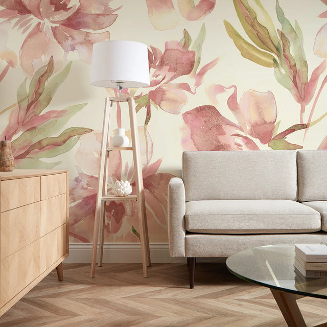 In Bloom Full Wall Mural in Watercolour Peach and Green