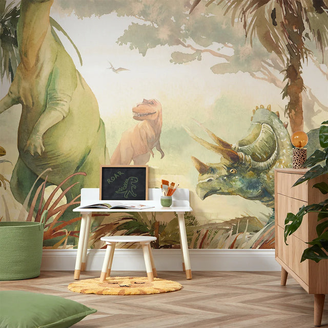 Jurassic Full Wall Mural in Watercolour Greens