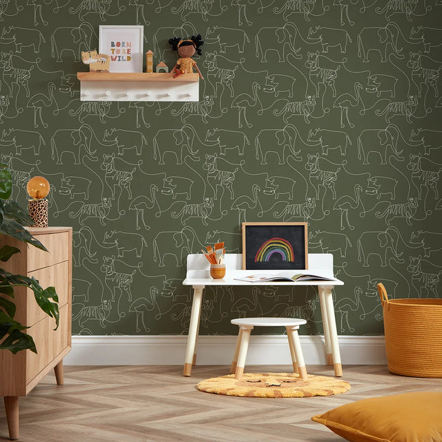 Lines At The Zoo Wallpaper in Olive Green
