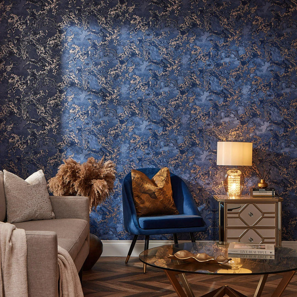 Liquid Marble Wallpaper in Blue and Bronze