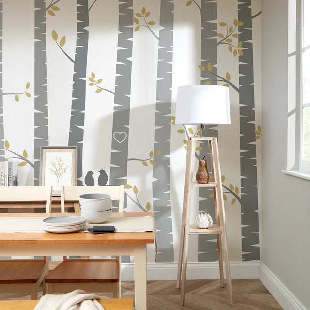 Lovebirds Full Wall Mural in Yellow and Grey