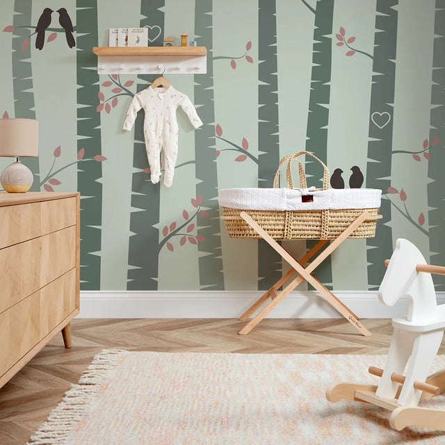 Lovebirds Full Wall Mural in Sage Green