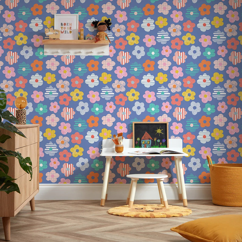 Miss Daisy Wallpaper in Multicoloured Brights on Blue