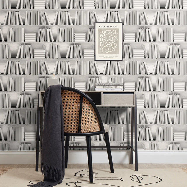 Modern Library Wallpaper in White