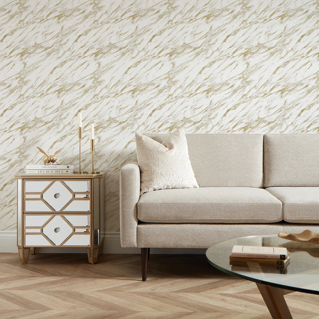 Modern Marble Wallpaper in White with Gold Effect