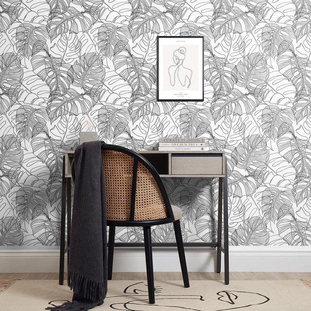 Monstera Leaf Wallpaper in Monochrome