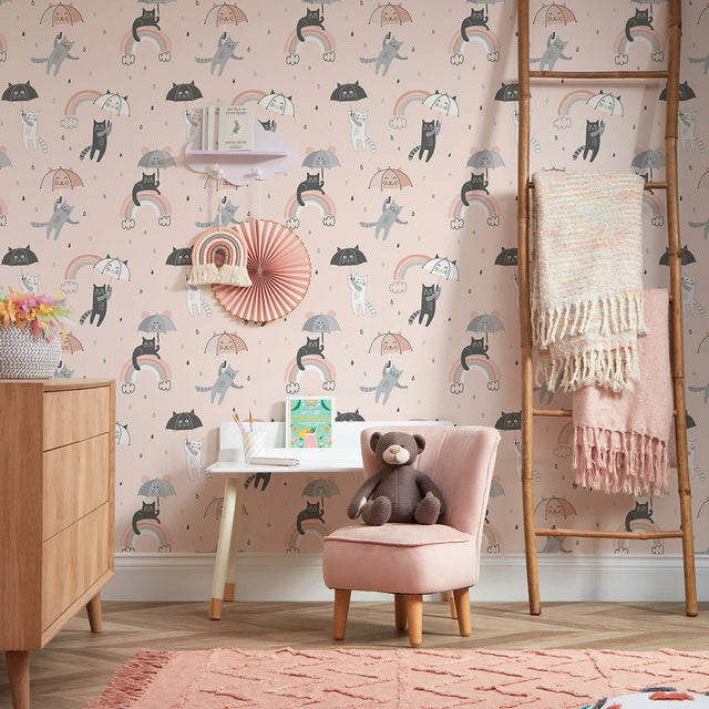 Raining Cats and Rainbows Wallpaper in Multicoloured