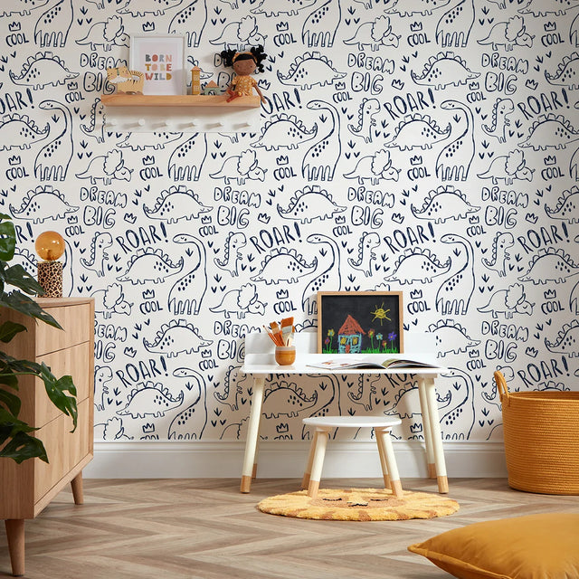 Roarsome! Wallpaper in Navy and White